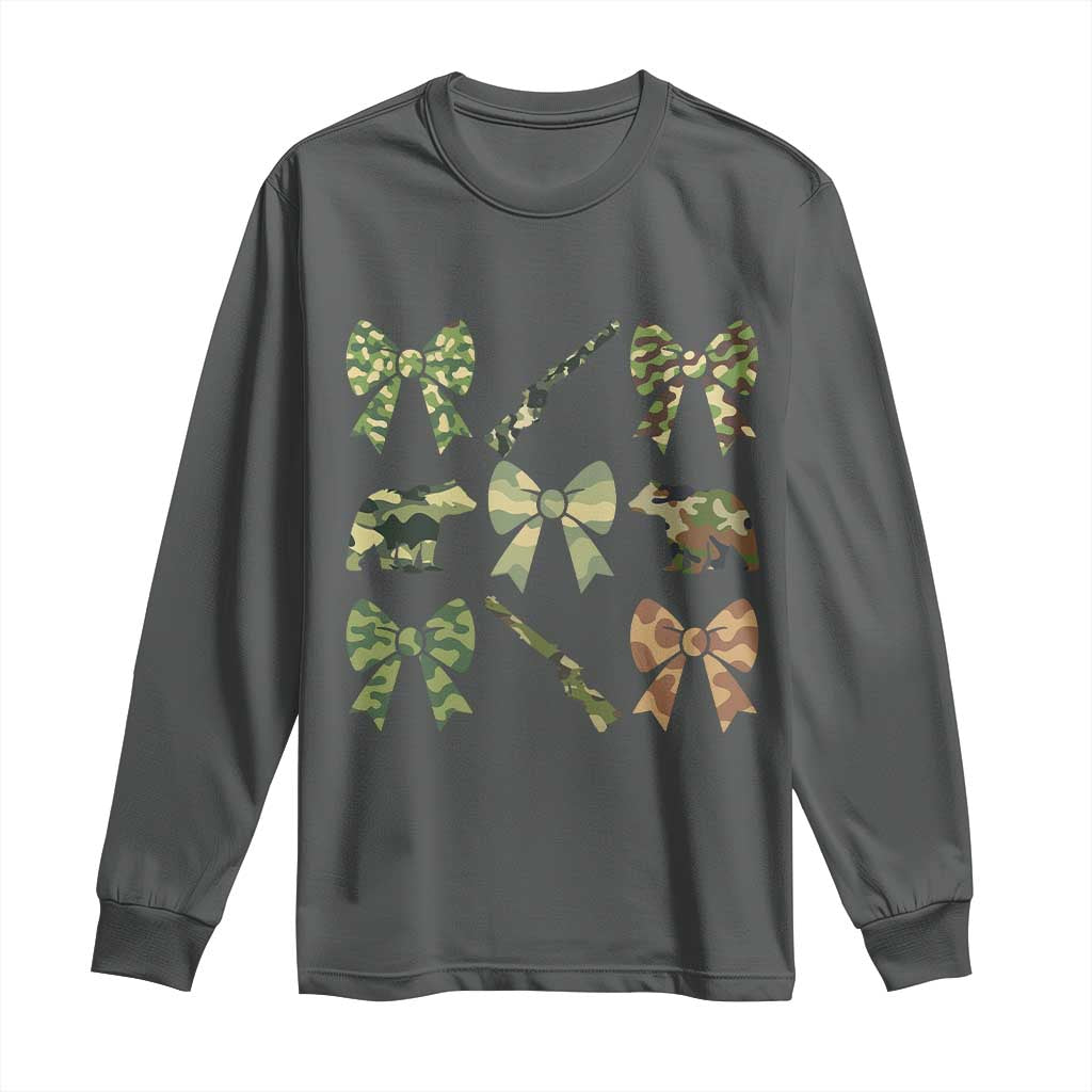 Women Bear Hunting Season Long Sleeve Shirt Camo Bow Coquette Gift TS12 Dark Heather Print Your Wear