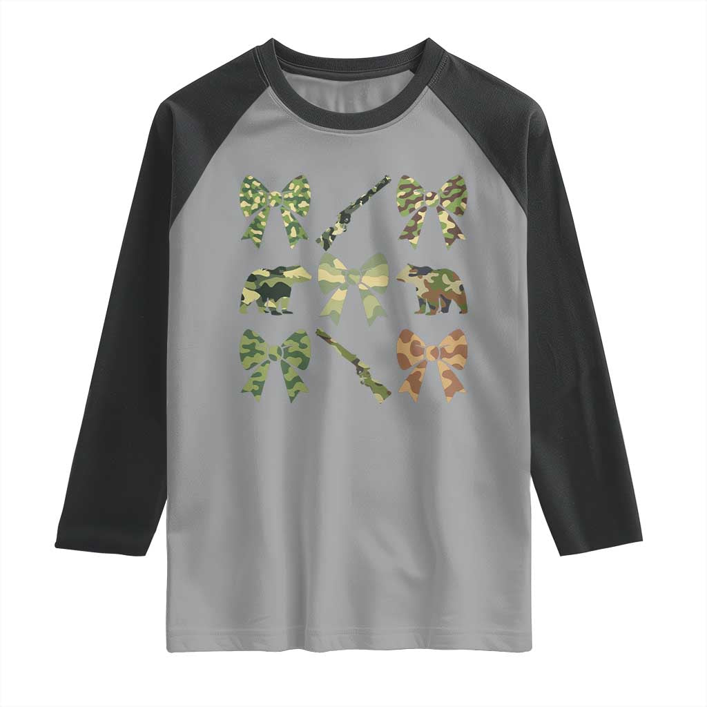 Women Bear Hunting Season Raglan Shirt Camo Bow Coquette Gift TS12 Sport Gray Black Print Your Wear