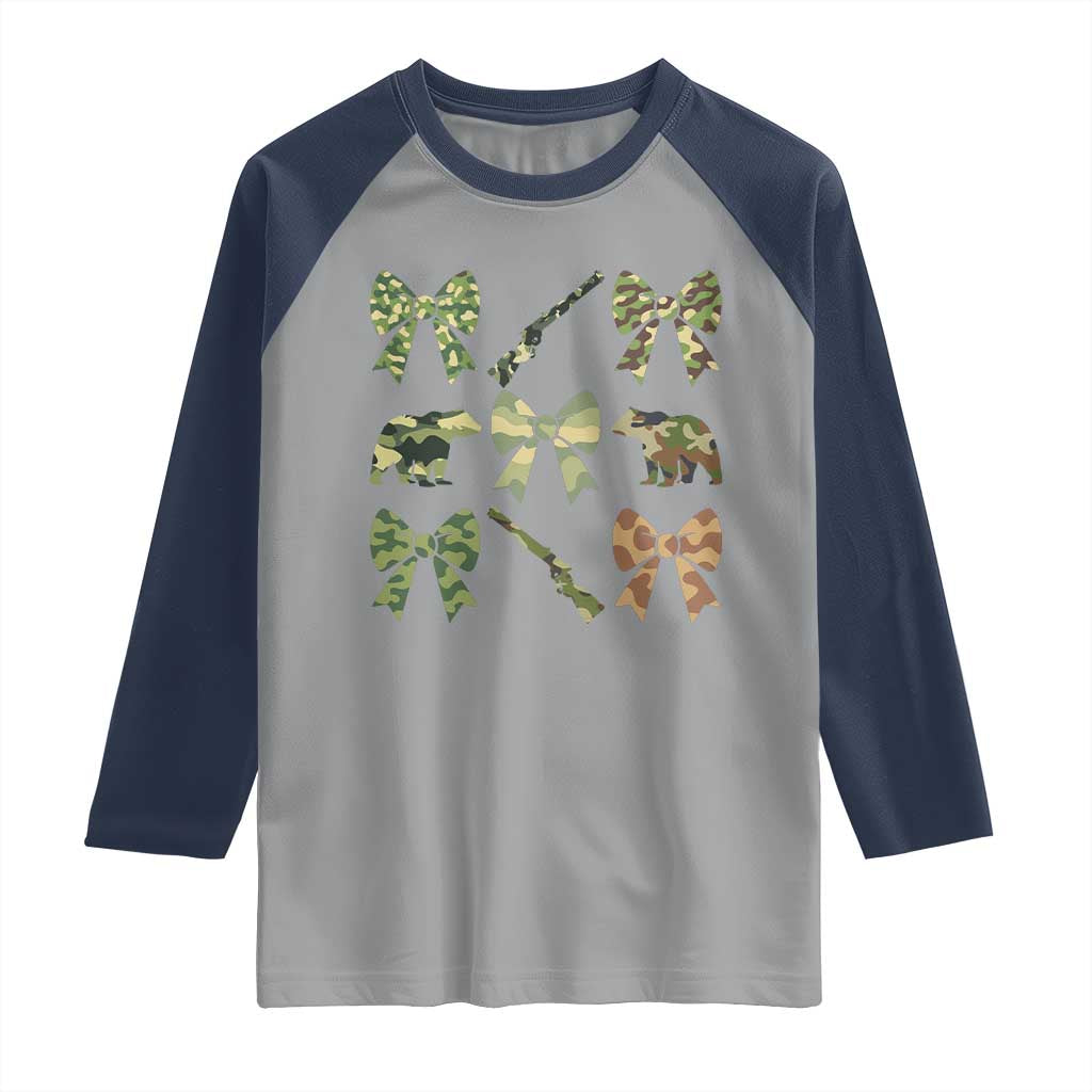 Women Bear Hunting Season Raglan Shirt Camo Bow Coquette Gift TS12 Sport Gray Navy Print Your Wear