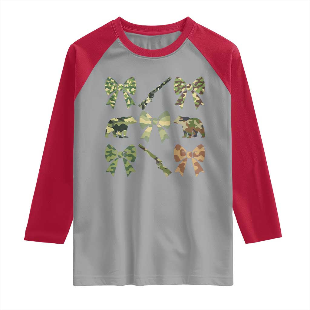 Women Bear Hunting Season Raglan Shirt Camo Bow Coquette Gift TS12 Sport Gray Red Print Your Wear