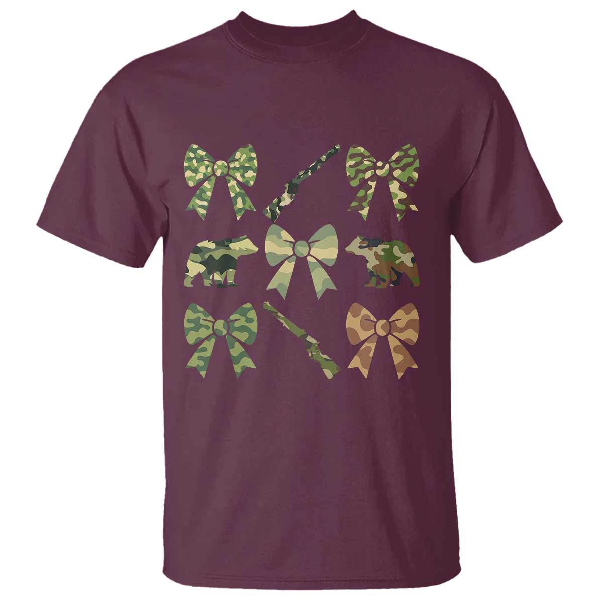 Women Bear Hunting Season T Shirt Camo Bow Coquette Gift TS12 Maroon Print Your Wear
