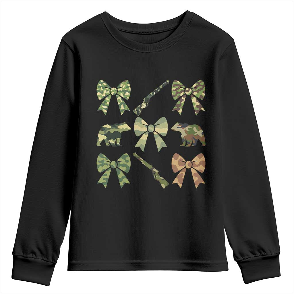 Women Bear Hunting Season Youth Sweatshirt Camo Bow Coquette Gift TS12 Black Print Your Wear