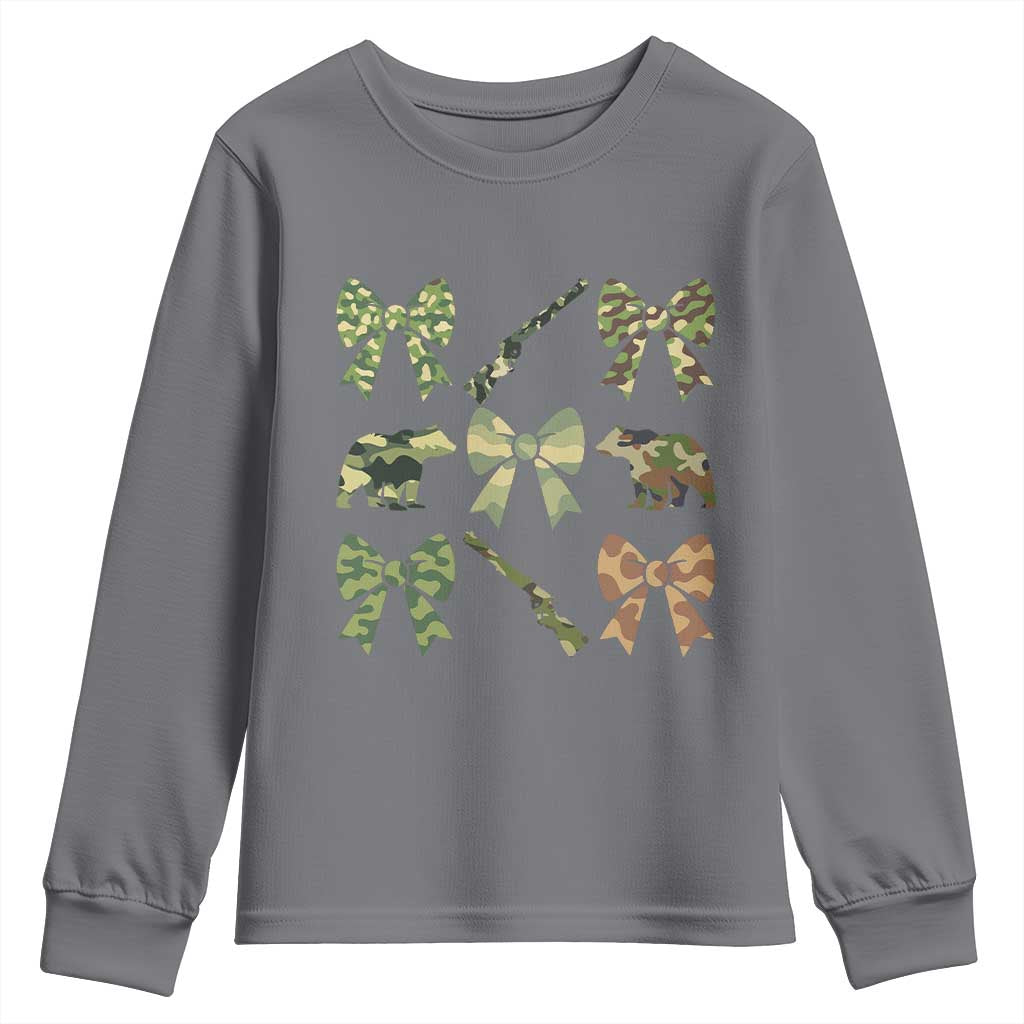 Women Bear Hunting Season Youth Sweatshirt Camo Bow Coquette Gift TS12 Charcoal Print Your Wear