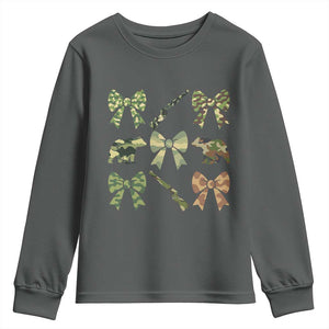 Women Bear Hunting Season Youth Sweatshirt Camo Bow Coquette Gift TS12 Dark Heather Print Your Wear