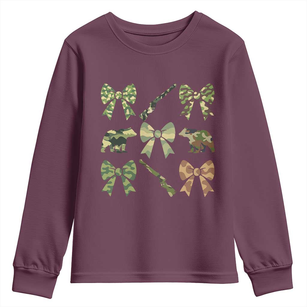 Women Bear Hunting Season Youth Sweatshirt Camo Bow Coquette Gift TS12 Maroon Print Your Wear