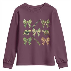 Women Bear Hunting Season Youth Sweatshirt Camo Bow Coquette Gift TS12 Maroon Print Your Wear
