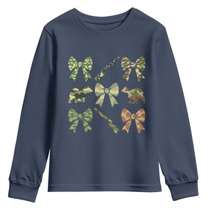 Women Bear Hunting Season Youth Sweatshirt Camo Bow Coquette Gift TS12 Navy Print Your Wear