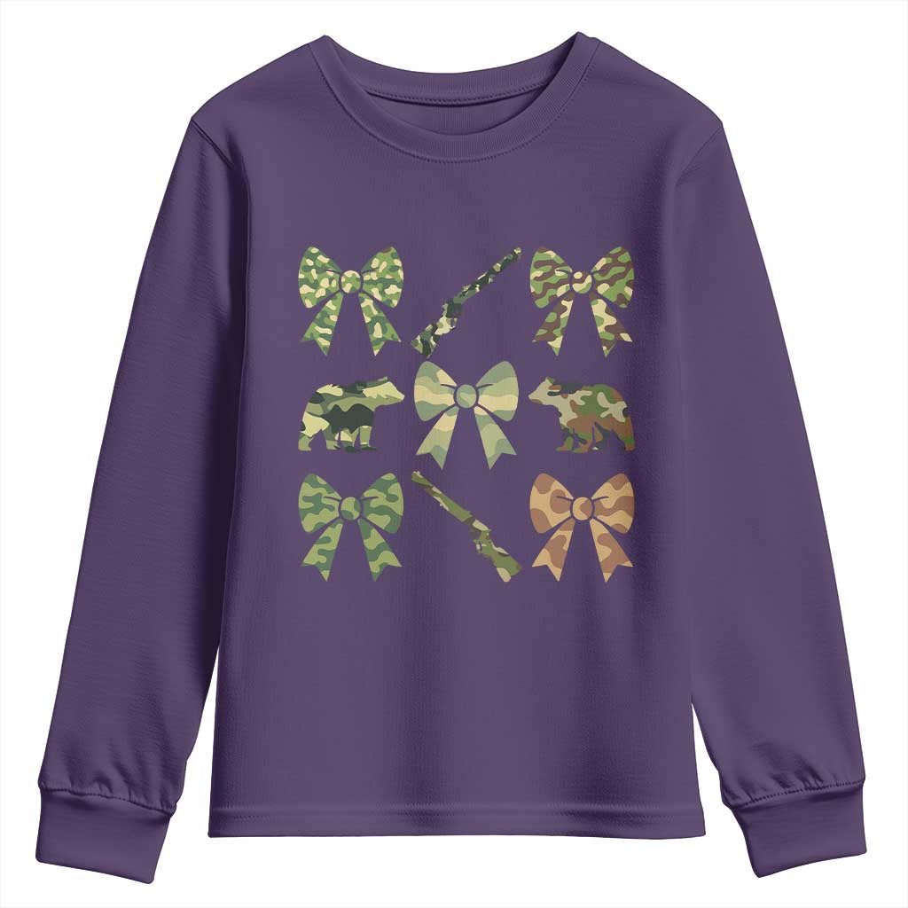 Women Bear Hunting Season Youth Sweatshirt Camo Bow Coquette Gift TS12 Purple Print Your Wear