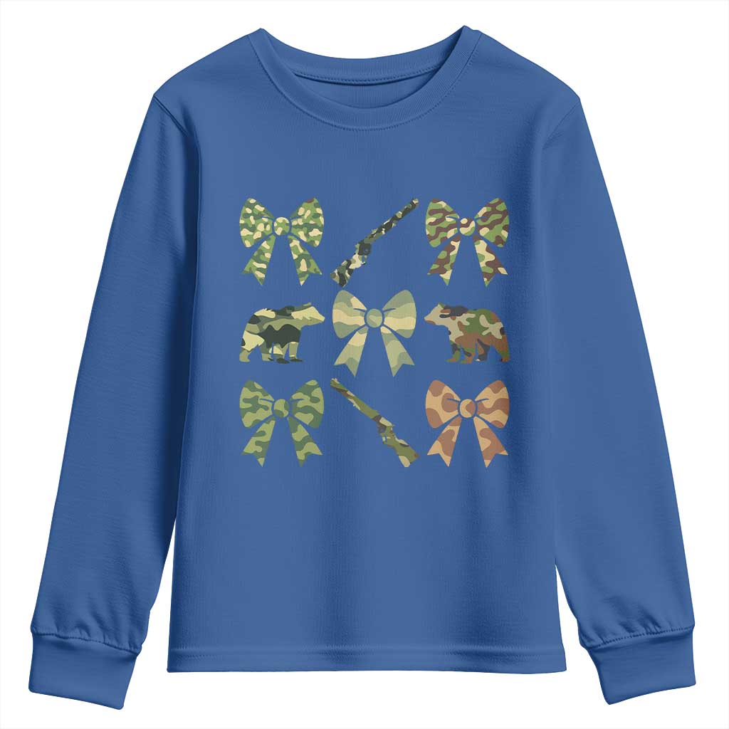Women Bear Hunting Season Youth Sweatshirt Camo Bow Coquette Gift TS12 Royal Blue Print Your Wear