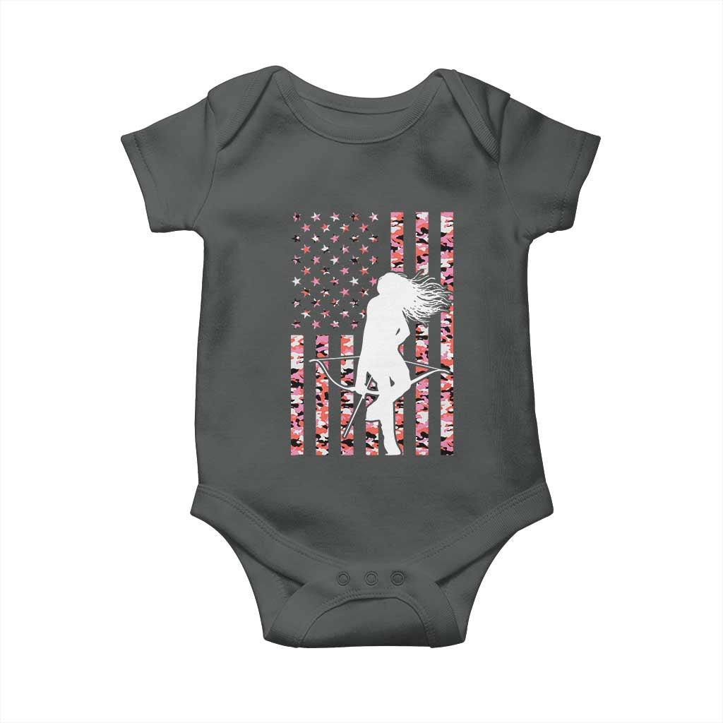 Patriotic Women Bow Hunter Baby Onesie American Flag Pink Camo Gift TS12 Dark Heather Print Your Wear