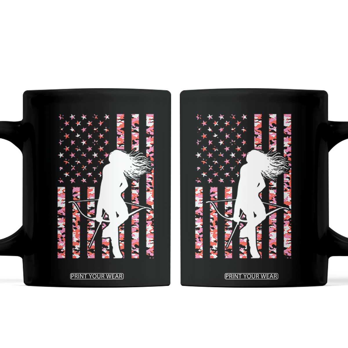 Patriotic Women Bow Hunter Coffee Mug American Flag Pink Camo Gift TS12 Black Print Your Wear
