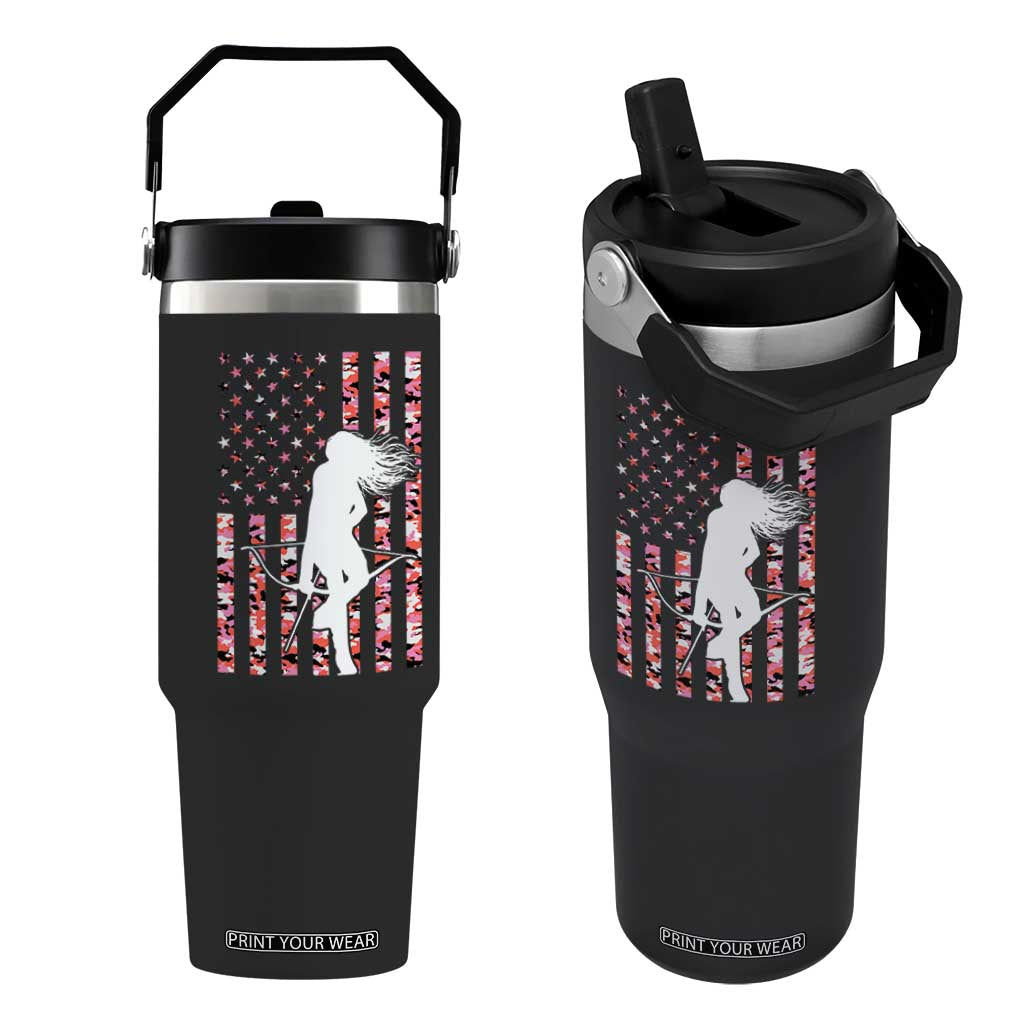 Patriotic Women Bow Hunter Flip Straw Tumbler American Flag Pink Camo Gift TS12 One Size: 30 oz Black Print Your Wear