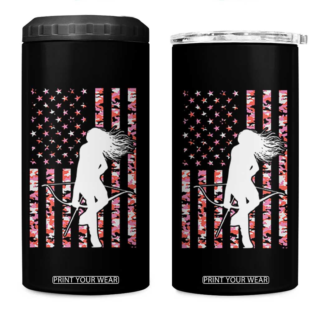 Patriotic Women Bow Hunter 4 in 1 Can Cooler Tumbler American Flag Pink Camo Gift TS12 One Size: 16 oz Black Print Your Wear