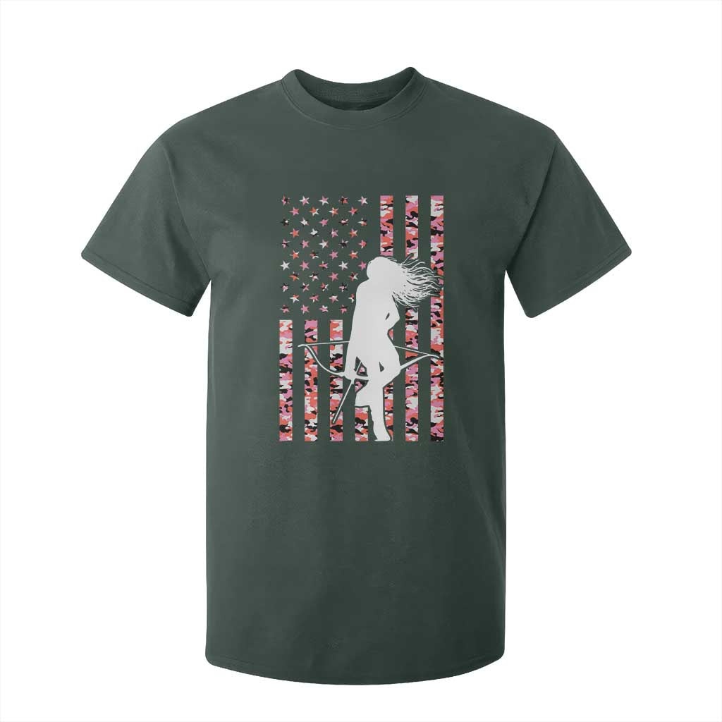 Patriotic Women Bow Hunter T Shirt For Kid American Flag Pink Camo Gift TS12 Dark Forest Green Print Your Wear