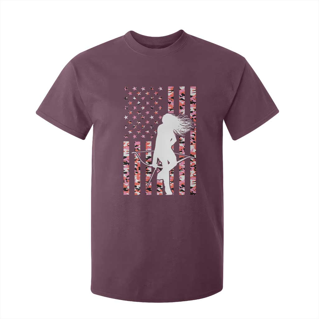 Patriotic Women Bow Hunter T Shirt For Kid American Flag Pink Camo Gift TS12 Maroon Print Your Wear
