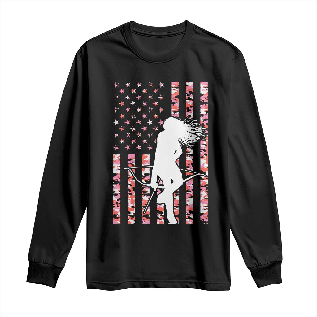 Patriotic Women Bow Hunter Long Sleeve Shirt American Flag Pink Camo Gift - Print Your Wear