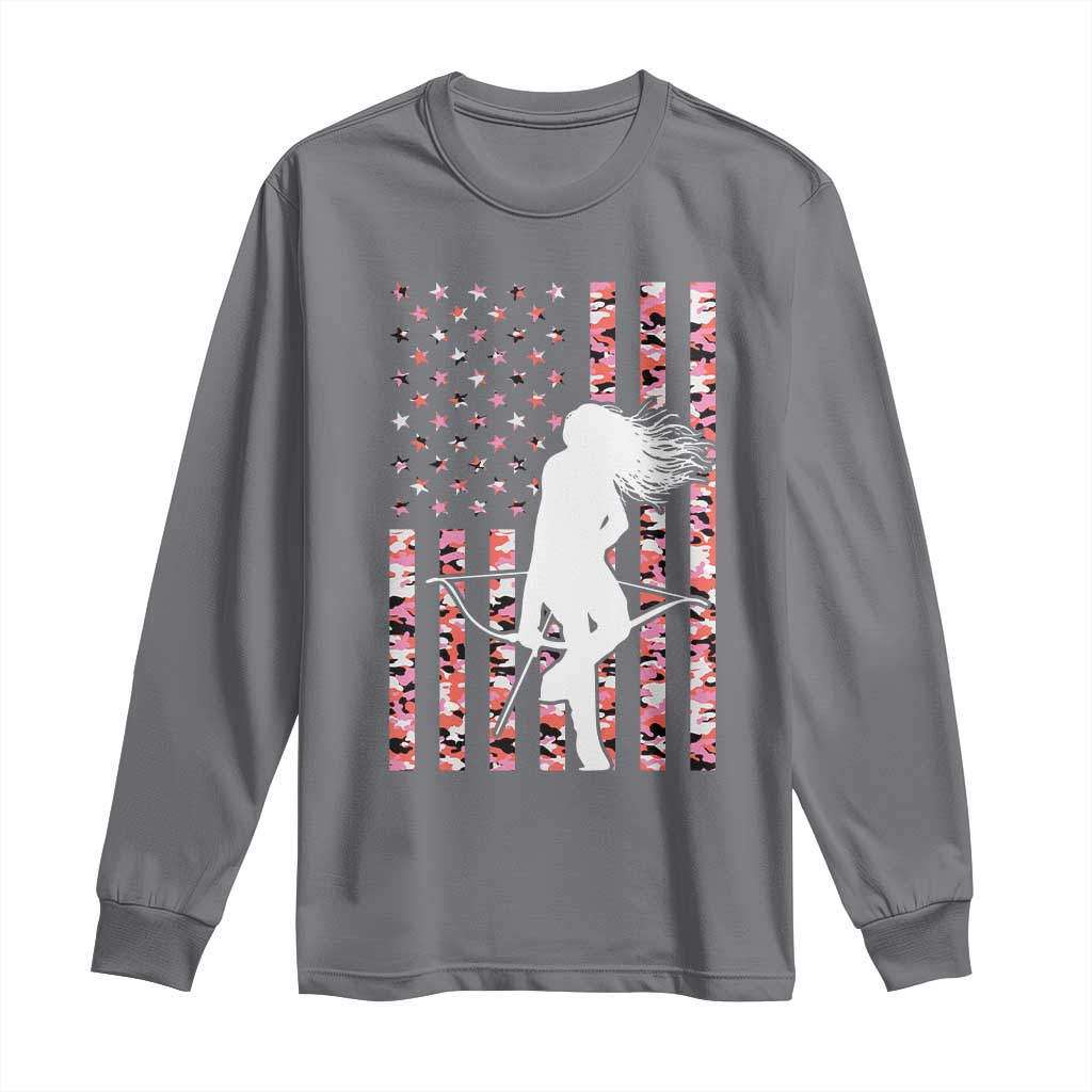 Patriotic Women Bow Hunter Long Sleeve Shirt American Flag Pink Camo Gift TS12 Charcoal Print Your Wear