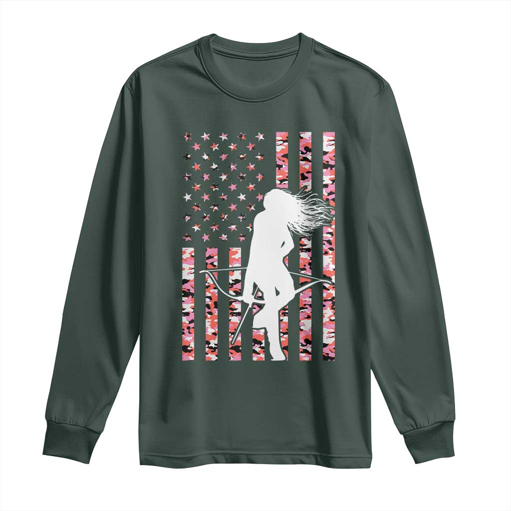 Patriotic Women Bow Hunter Long Sleeve Shirt American Flag Pink Camo Gift TS12 Dark Forest Green Print Your Wear