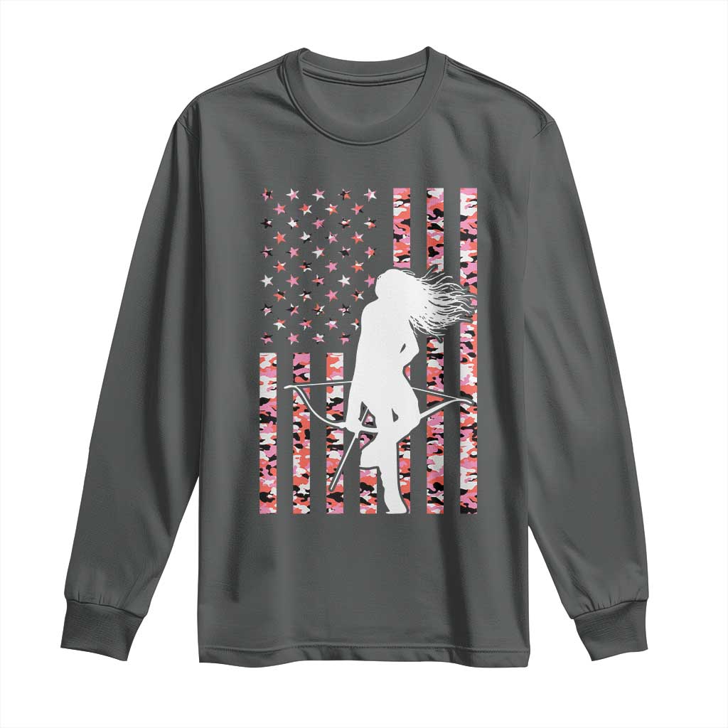 Patriotic Women Bow Hunter Long Sleeve Shirt American Flag Pink Camo Gift TS12 Dark Heather Print Your Wear