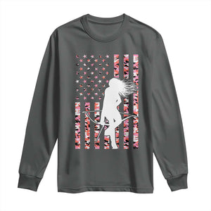 Patriotic Women Bow Hunter Long Sleeve Shirt American Flag Pink Camo Gift TS12 Dark Heather Print Your Wear