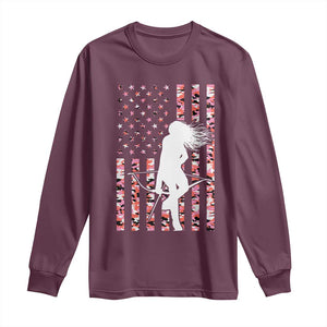 Patriotic Women Bow Hunter Long Sleeve Shirt American Flag Pink Camo Gift TS12 Maroon Print Your Wear
