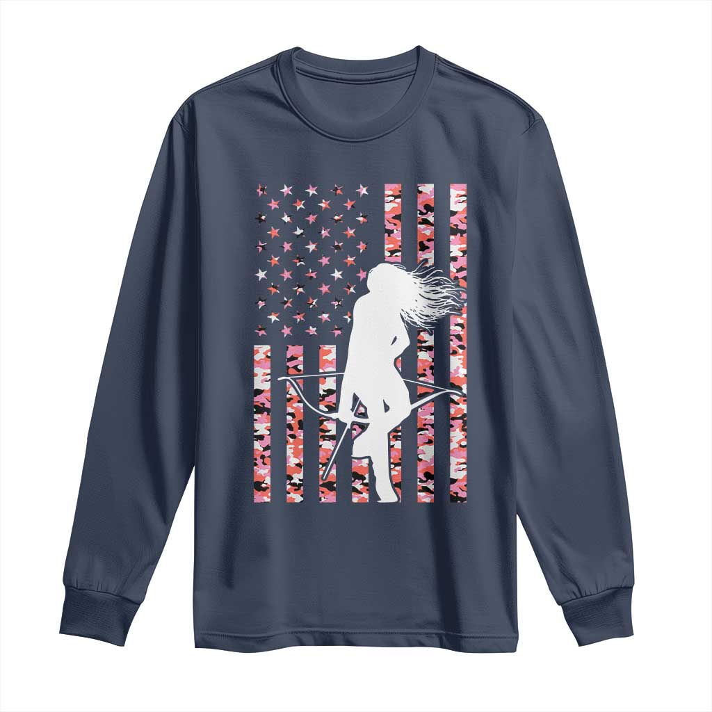 Patriotic Women Bow Hunter Long Sleeve Shirt American Flag Pink Camo Gift TS12 Navy Print Your Wear