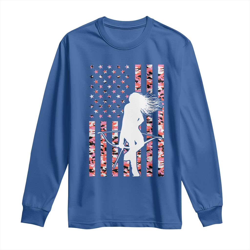 Patriotic Women Bow Hunter Long Sleeve Shirt American Flag Pink Camo Gift TS12 Royal Blue Print Your Wear
