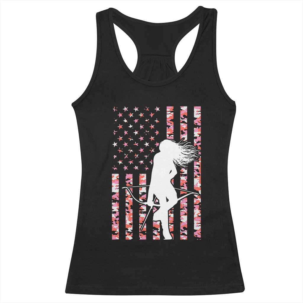 Patriotic Women Bow Hunter Racerback Tank Top American Flag Pink Camo Gift - Print Your Wear