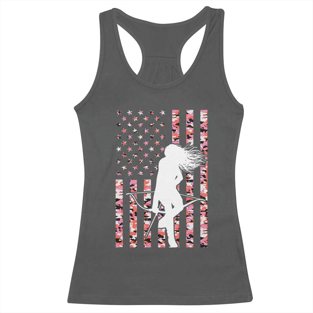Patriotic Women Bow Hunter Racerback Tank Top American Flag Pink Camo Gift TS12 Dark Heather Print Your Wear