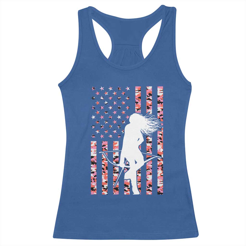 Patriotic Women Bow Hunter Racerback Tank Top American Flag Pink Camo Gift TS12 Royal Blue Print Your Wear