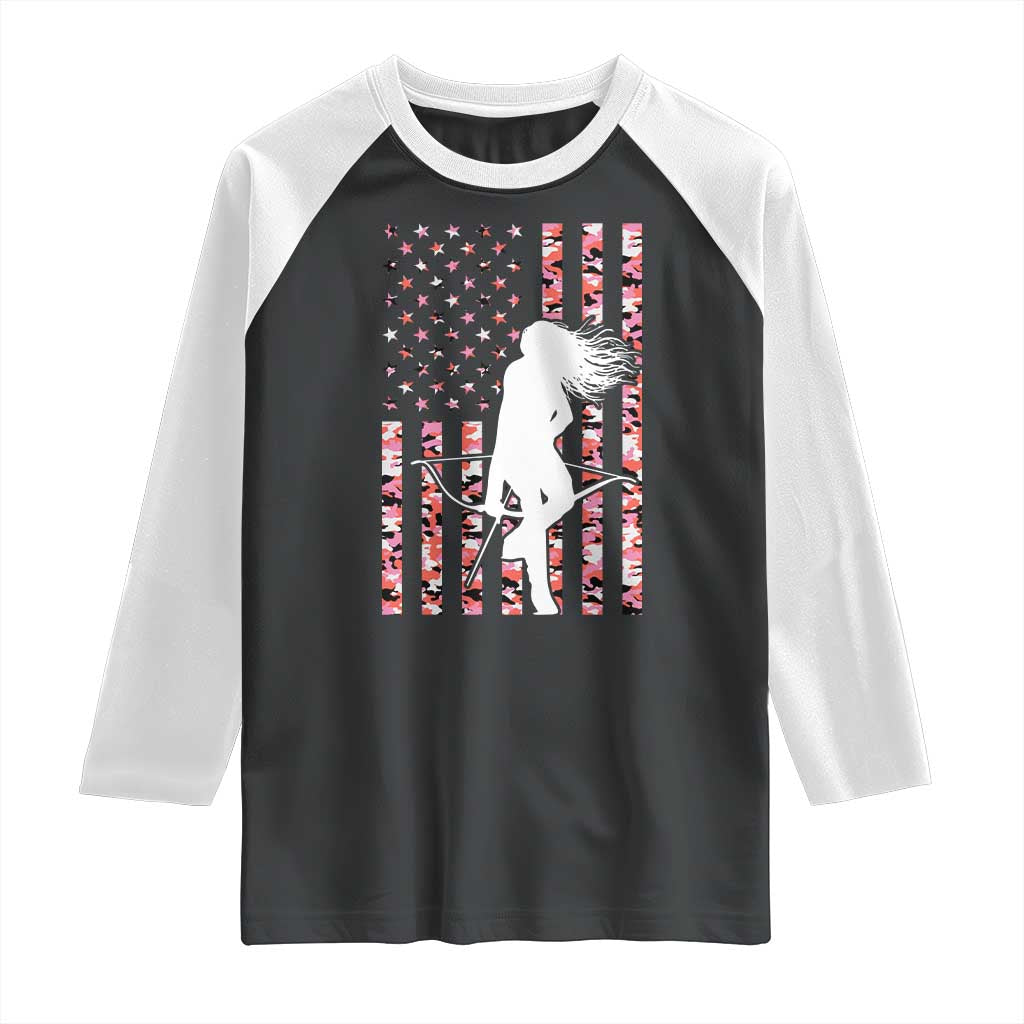 Patriotic Women Bow Hunter Raglan Shirt American Flag Pink Camo Gift TS12 Black White Print Your Wear