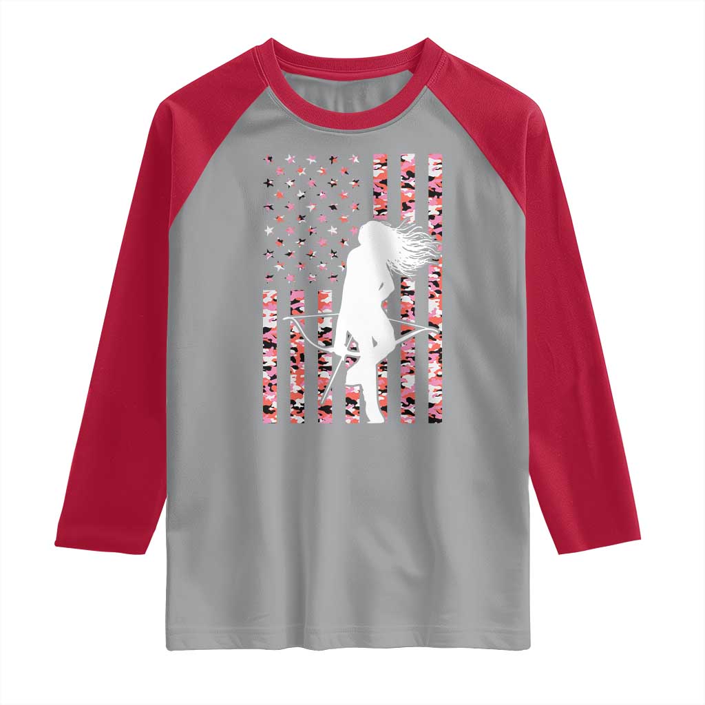 Patriotic Women Bow Hunter Raglan Shirt American Flag Pink Camo Gift TS12 Sport Gray Red Print Your Wear