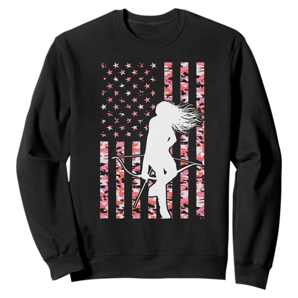 Patriotic Women Bow Hunter Sweatshirt American Flag Pink Camo Gift - Print Your Wear