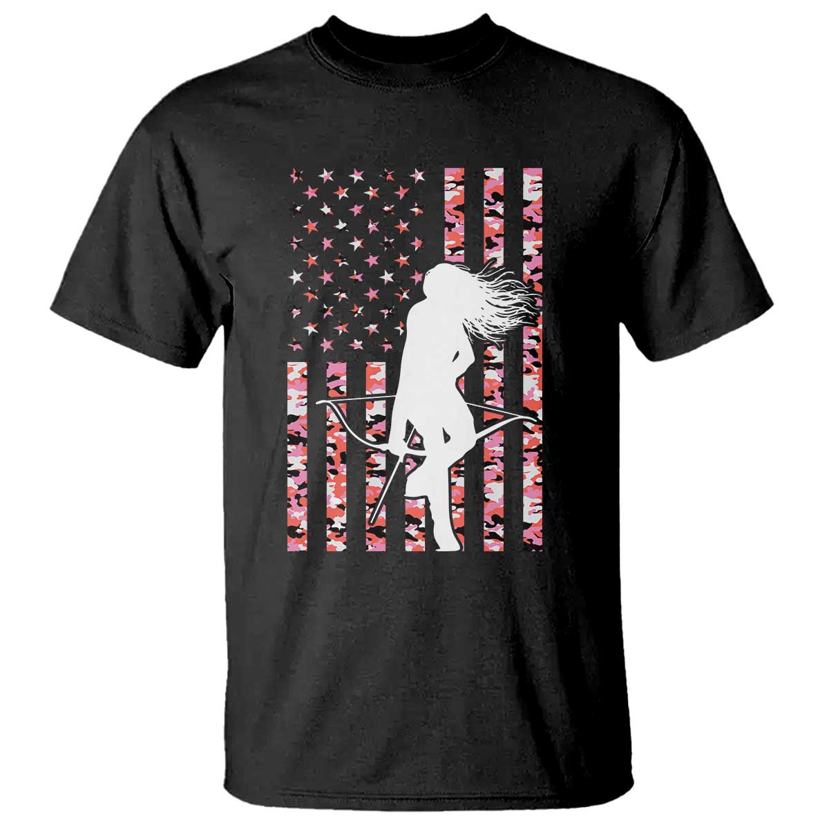 Patriotic Women Bow Hunter T Shirt American Flag Pink Camo Gift TS12 Black Print Your Wear