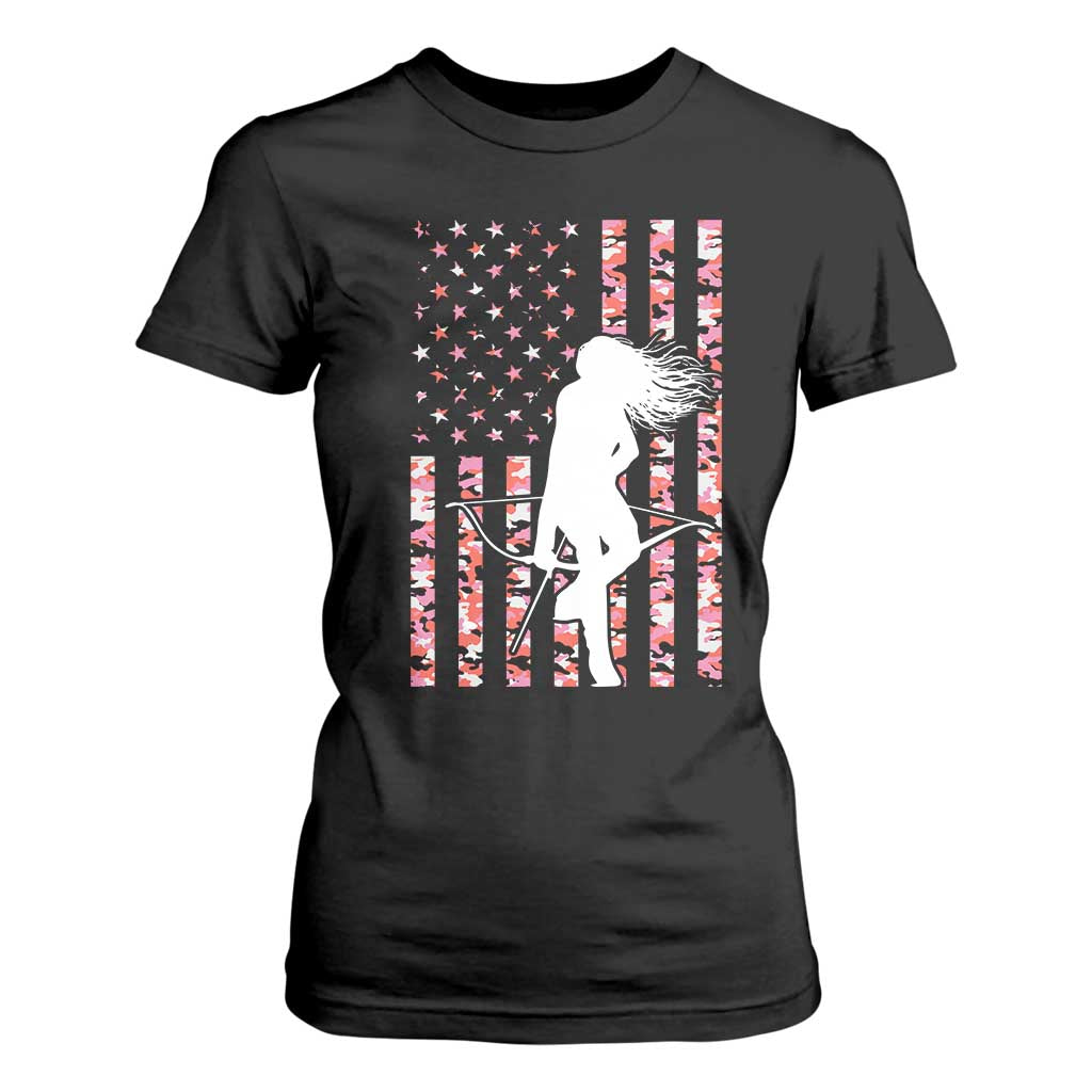 Patriotic Women Bow Hunter T Shirt For Women American Flag Pink Camo Gift TS12 Black Print Your Wear