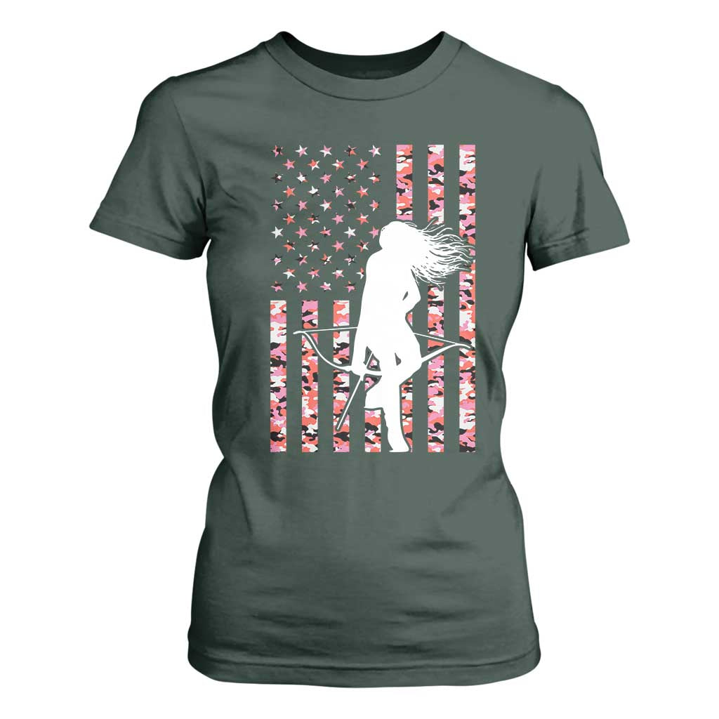 Patriotic Women Bow Hunter T Shirt For Women American Flag Pink Camo Gift TS12 Dark Forest Green Print Your Wear