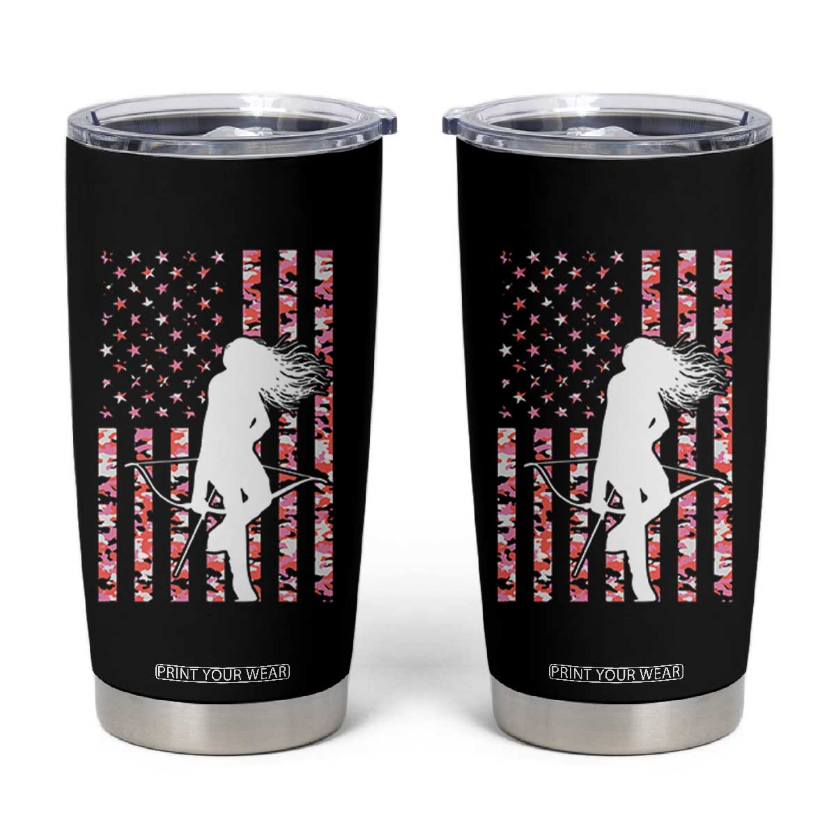 Patriotic Women Bow Hunter Tumbler Cup American Flag Pink Camo Gift - Print Your Wear