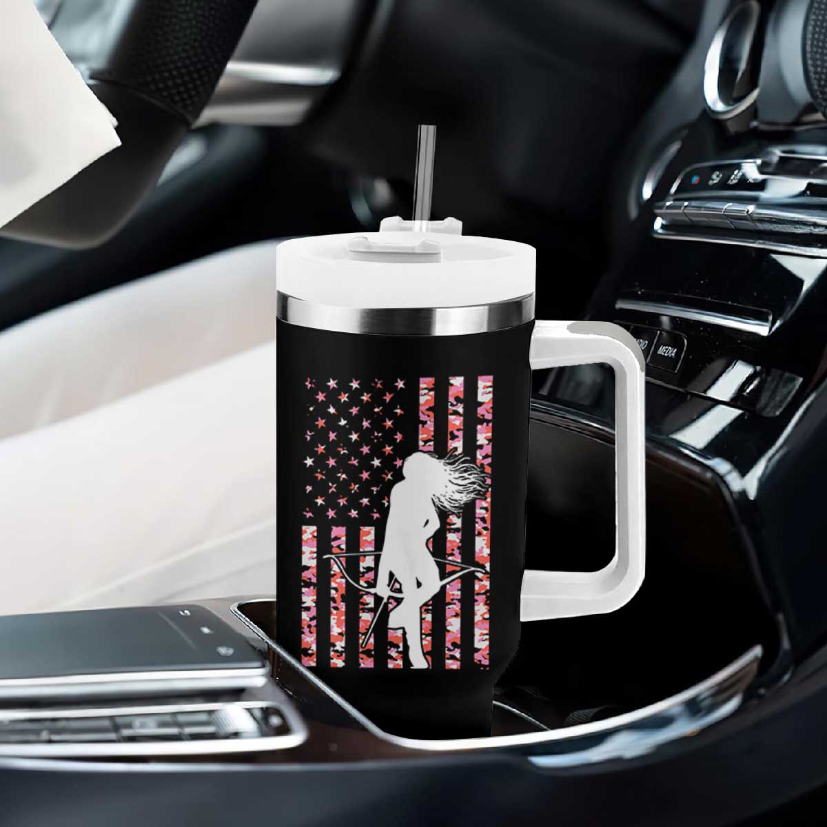 Patriotic Women Bow Hunter Tumbler With Handle American Flag Pink Camo Gift TS12 Print Your Wear