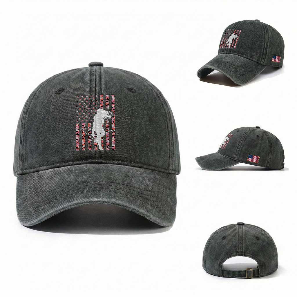 Patriotic Women Bow Hunter Washed Cotton Baseball Cap American Flag Pink Camo Gift TS12 Washed Cap Universal Fit Dark Green Print Your Wear