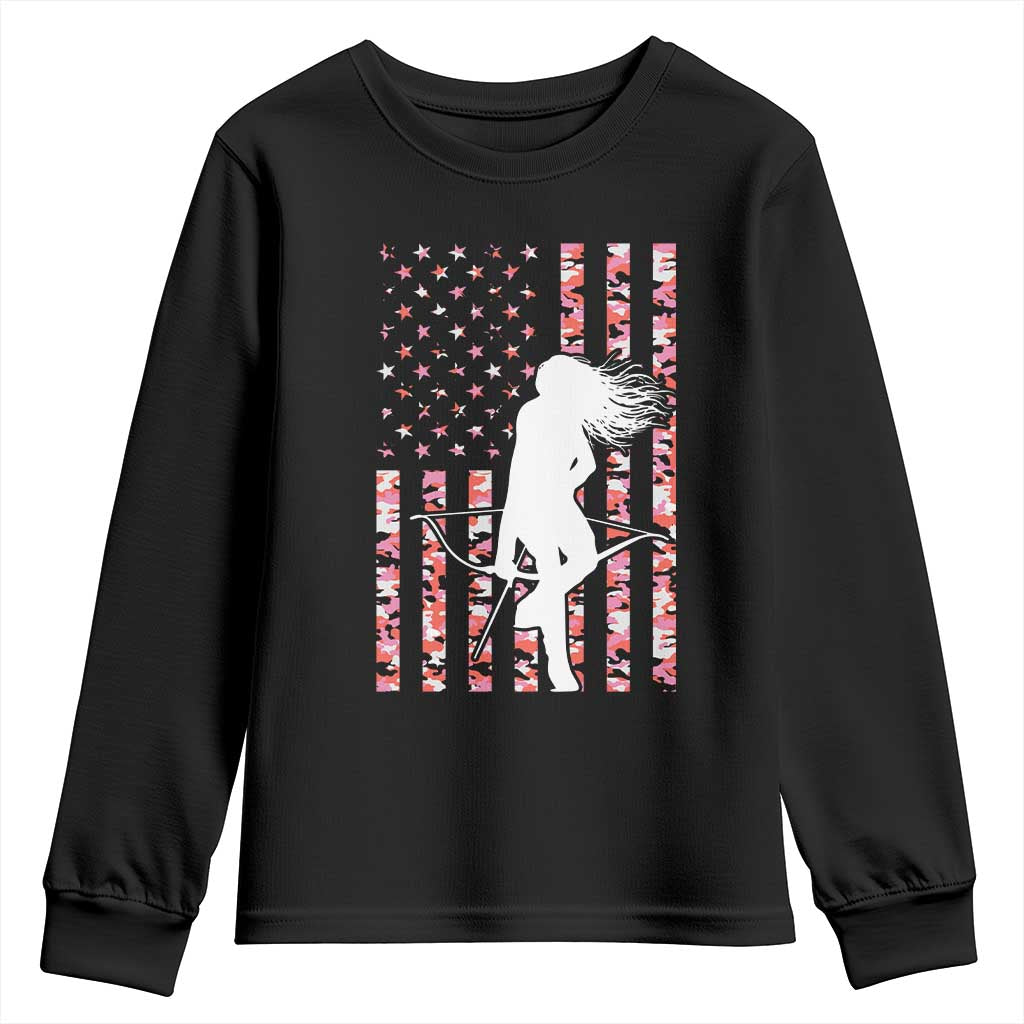 Patriotic Women Bow Hunter Youth Sweatshirt American Flag Pink Camo Gift TS12 Black Print Your Wear