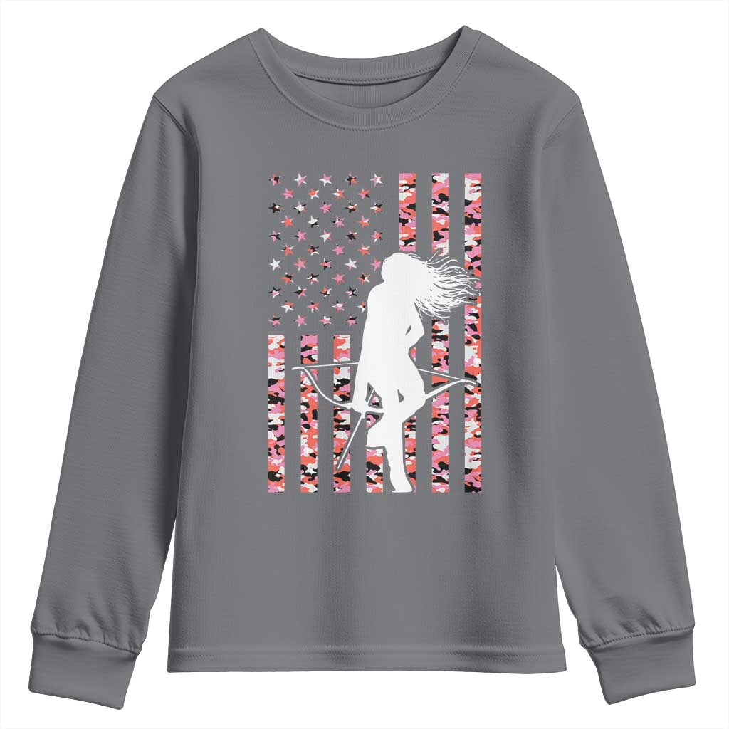 Patriotic Women Bow Hunter Youth Sweatshirt American Flag Pink Camo Gift TS12 Charcoal Print Your Wear
