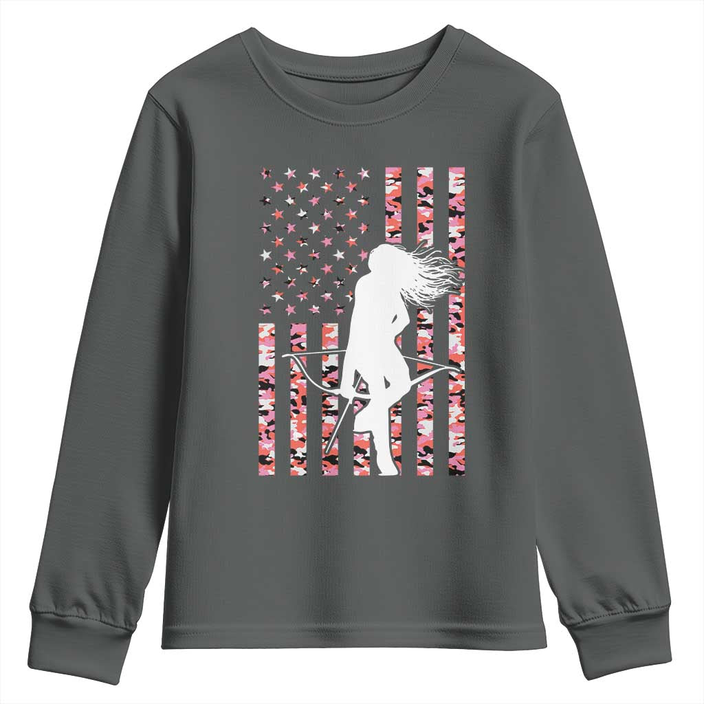 Patriotic Women Bow Hunter Youth Sweatshirt American Flag Pink Camo Gift TS12 Dark Heather Print Your Wear