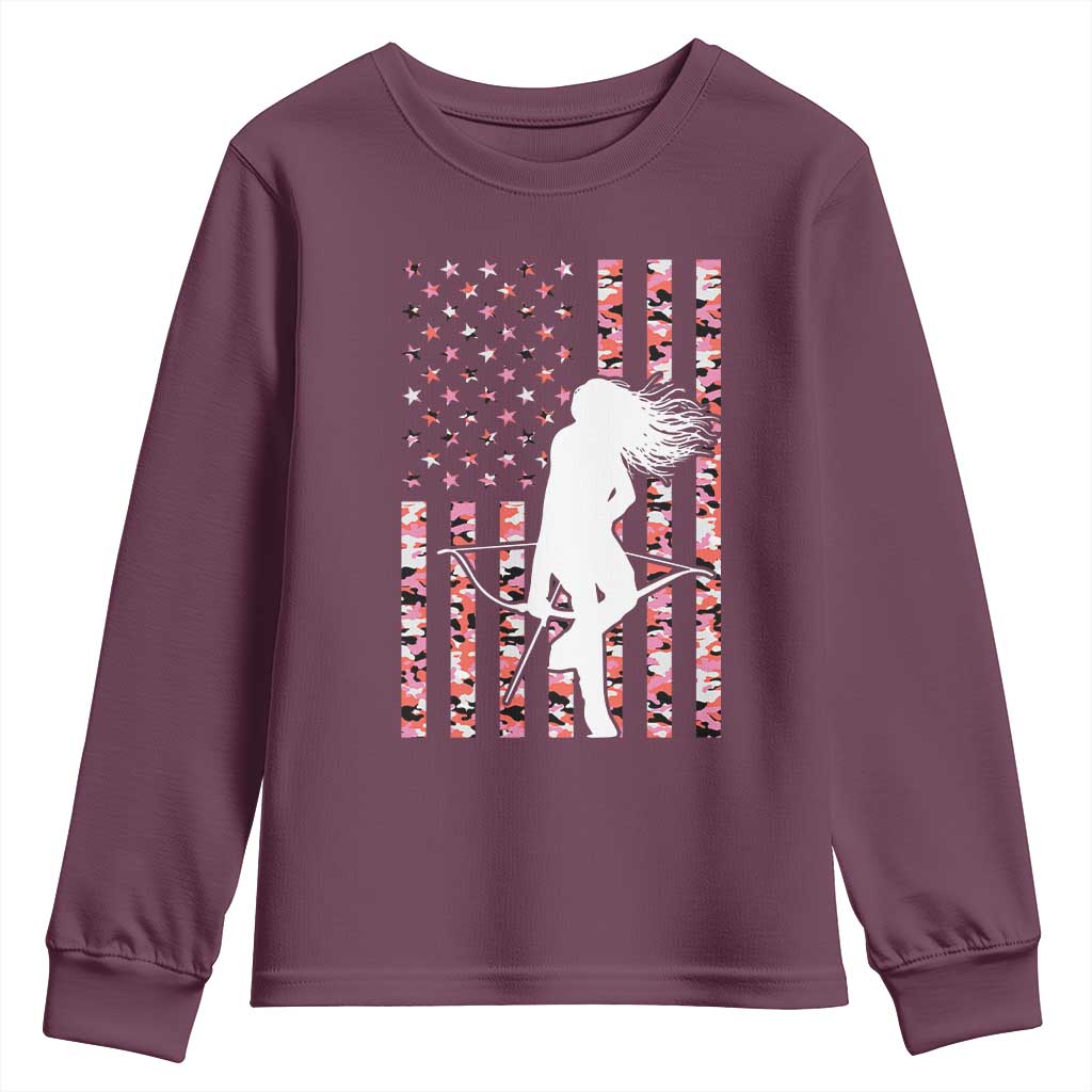 Patriotic Women Bow Hunter Youth Sweatshirt American Flag Pink Camo Gift TS12 Maroon Print Your Wear