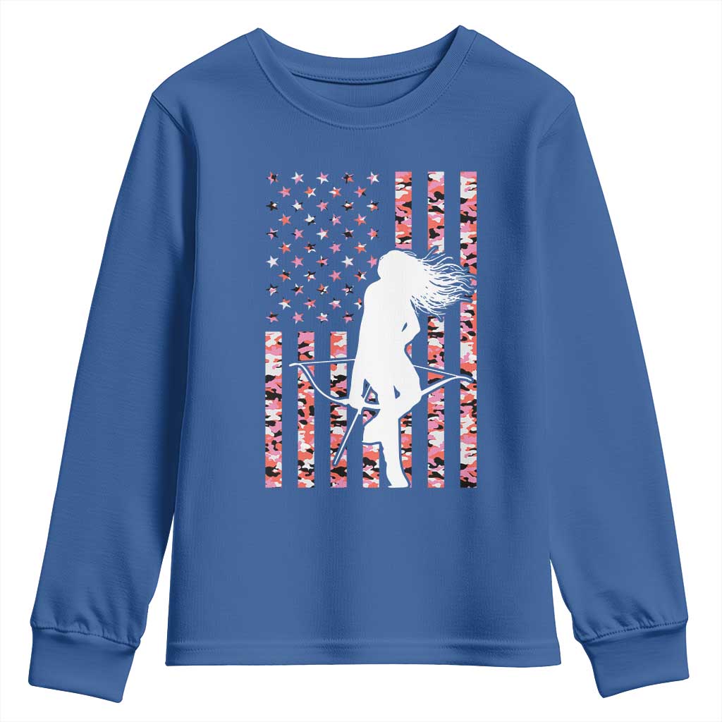 Patriotic Women Bow Hunter Youth Sweatshirt American Flag Pink Camo Gift TS12 Royal Blue Print Your Wear