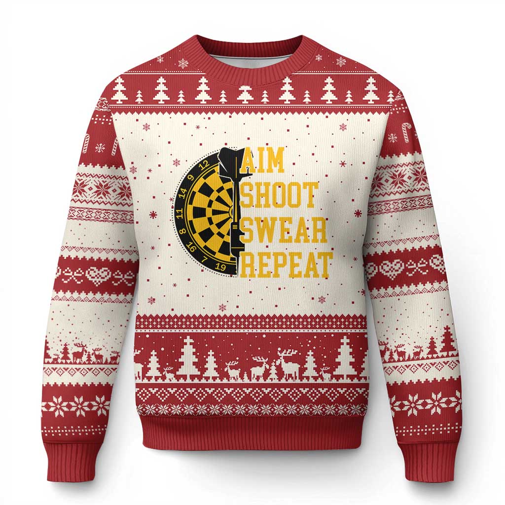 Funny Darts Retro Vintage Ugly Christmas Sweater Aim Shoot Swear Repeat Dartist Gift TS12 Beige Red Print Your Wear