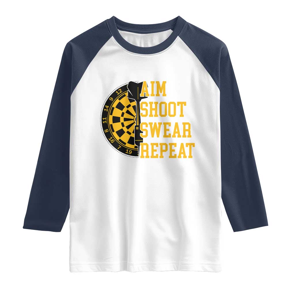 Funny Darts Retro Vintage Raglan Shirt Aim Shoot Swear Repeat Dartist Gift TS12 White Navy Print Your Wear