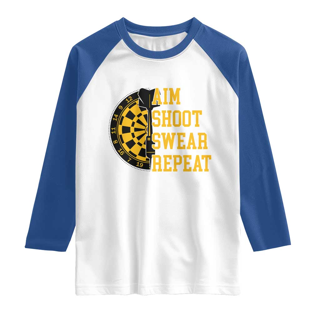 Funny Darts Retro Vintage Raglan Shirt Aim Shoot Swear Repeat Dartist Gift TS12 White Royal Print Your Wear