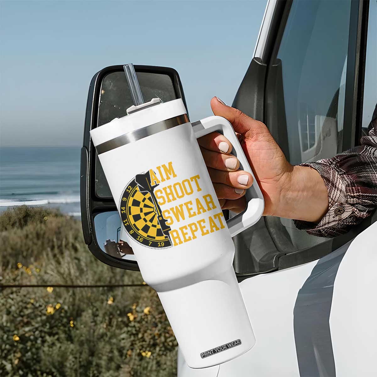 Funny Darts Retro Vintage Tumbler With Handle Aim Shoot Swear Repeat Dartist Gift TS12 Print Your Wear