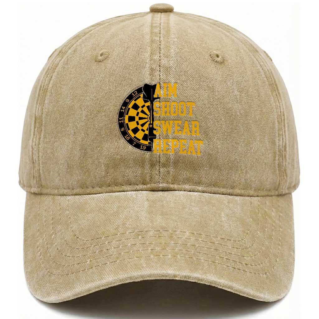 Funny Darts Retro Vintage Washed Cotton Baseball Cap Aim Shoot Swear Repeat Dartist Gift TS12 Print Your Wear
