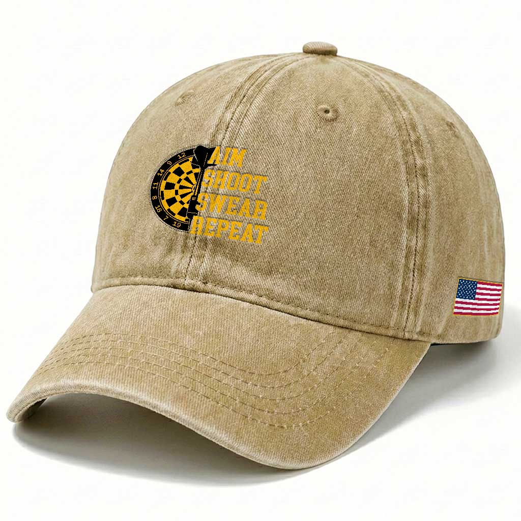 Funny Darts Retro Vintage Washed Cotton Baseball Cap Aim Shoot Swear Repeat Dartist Gift TS12 Print Your Wear